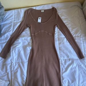 Abercrombie & Fitch Brown Ribbed Bodycon Mini Dress with Long Sleeves